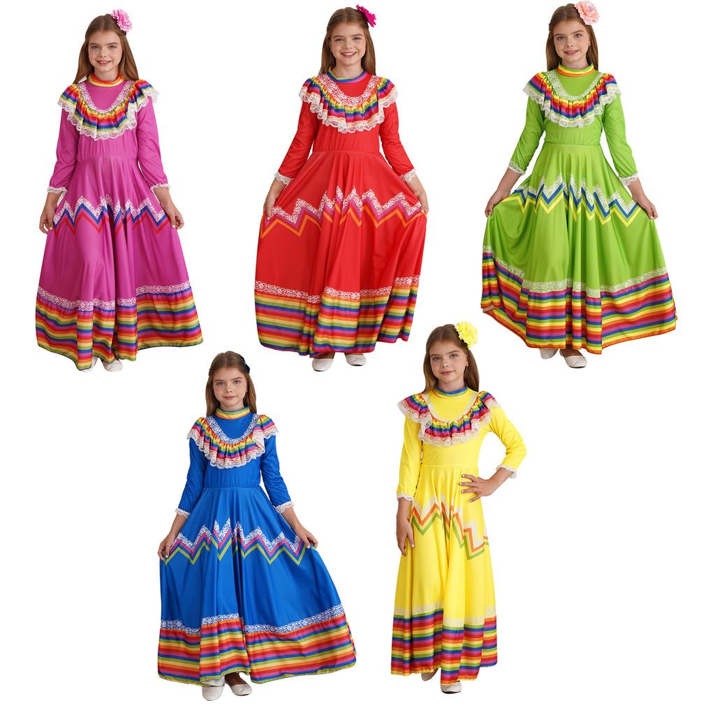 Child Girls Mexican Costume Jalisco Traditional Folk Dancer Dress National Mexico Style Festival Carnival Folklorico Dance Dress