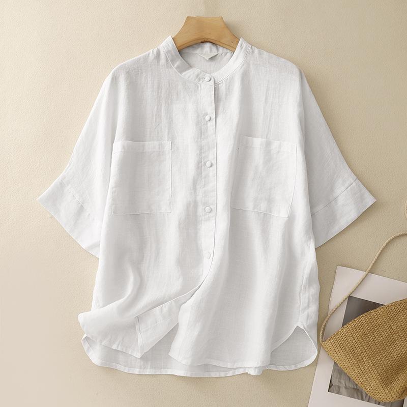 Летняя хлопковая льняная рубашка больших размеров со свободным воротником для женщин