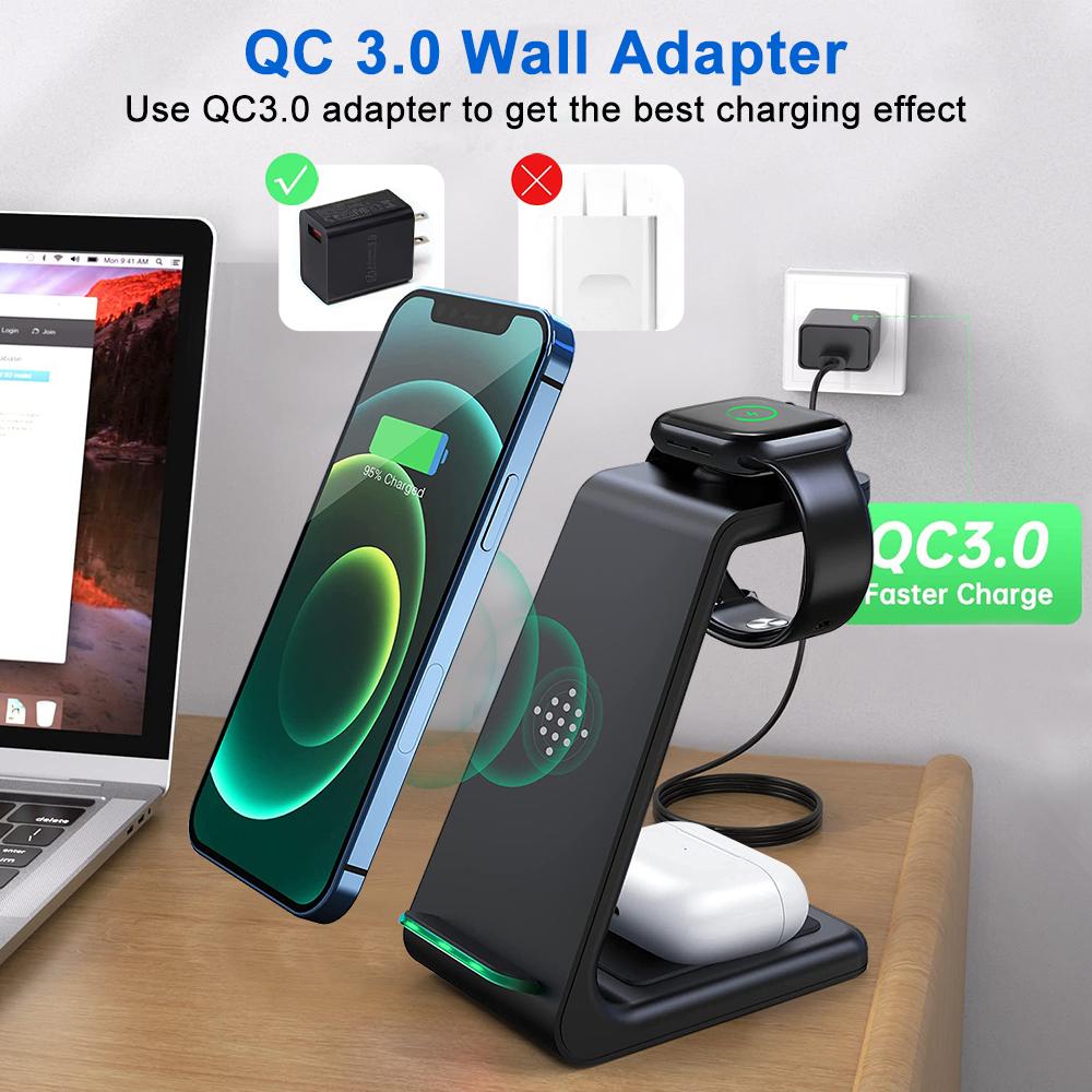 15W Wireless Charger Dock Fast 3 In1 Qi For iPhone/ Samsung /Huawei/Xiaomi/Aipods/ iWatch
