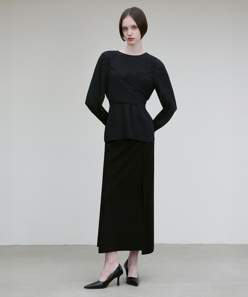 RE RHEE Pleated Wrap-Around Blouse Black