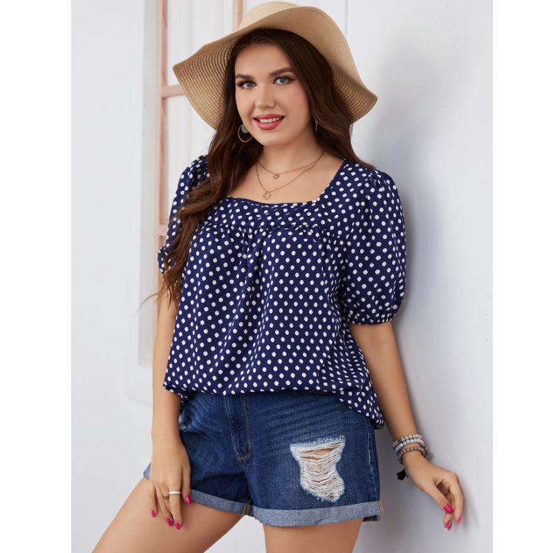 Летние женские свободные повседневные топы в горошек размера плюс, женские шифоновые футболки с круглым вырезом и короткими рукавами с решетчатым принтом для мамы