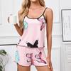 Butterfly Print Pajama Set for Women Summer Sleeveless Crew Neck Cami Top Elastic Waistband Shorts Sleepwear Loungewear Pyjama