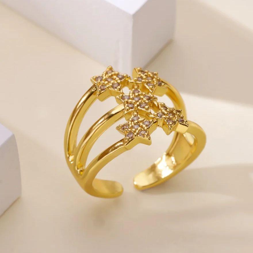 Luxury Zircon Stars Rings For Women Gold Plated Metal Crystal Star Adjustable Ring Wedding Christmas Fashion Jewelry Gift