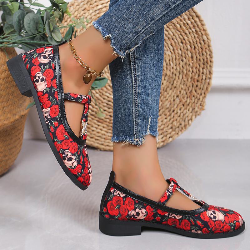 Rimocy Skull Rose Pattern Halloween Shoes Woman T-Strap Low Heels Mary Jane Shoes for Women Fashion Print Soft Sole Single Shoes