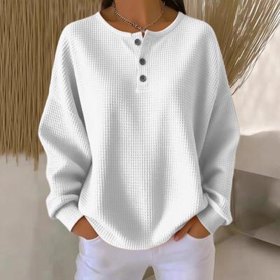Женские топы с круглым вырезом, декорированные пуговицами, с длинным рукавом, пуловеры, однотонная текстурированная блузка вафельного переплетения для повседневной носки