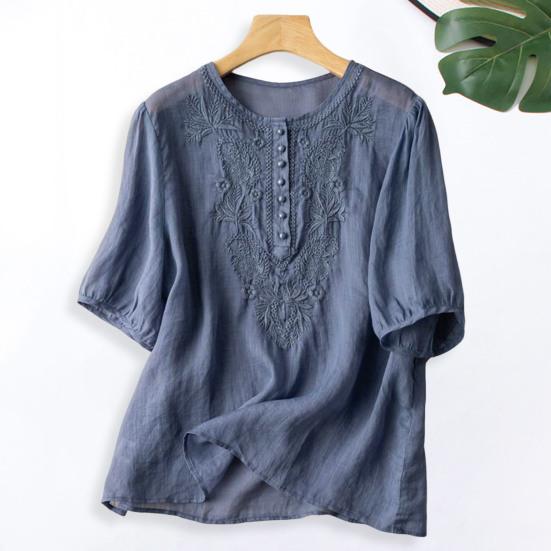 Женский топ с вышивкой и круглым вырезом Элегантный короткий рукав из хлопка и льна с винтажной вышивкой