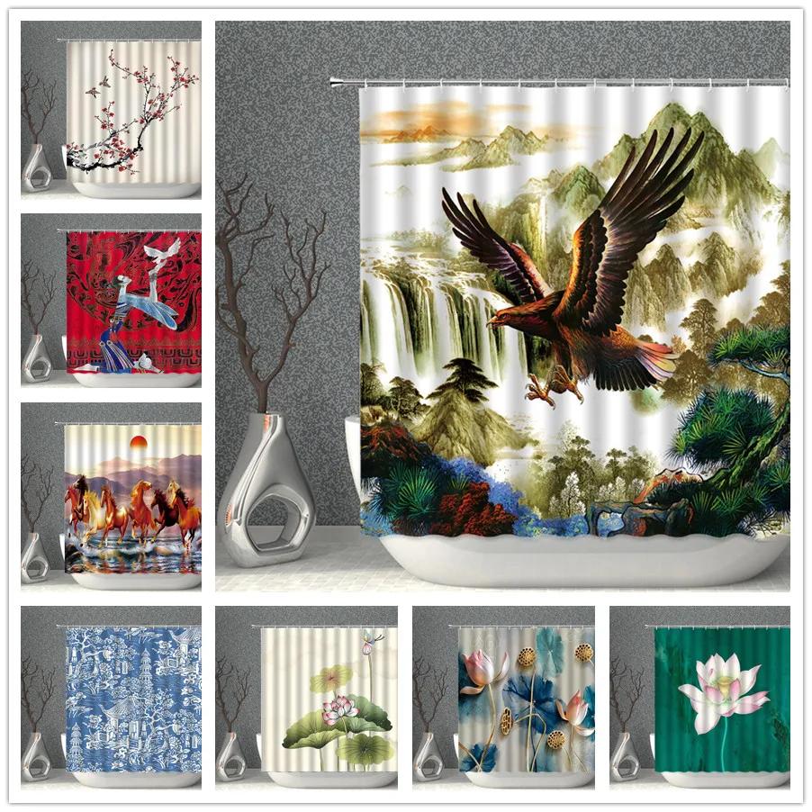 Chinese Style Shower Curtains Waterproof Fabric Flower Bird Eagle Horse Bathroom Curtain With Hooks Bath Screen Home Decoration