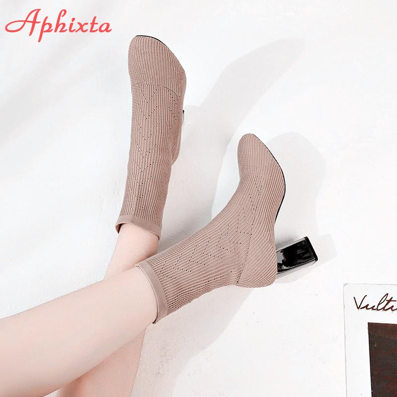 Fashion Aphixta Metal Color 7cm Square Heels Socks Boots Women Big Size 43 Stretch Fabric Elastic Pointed Toe Shoes Ankle Boot Woman
