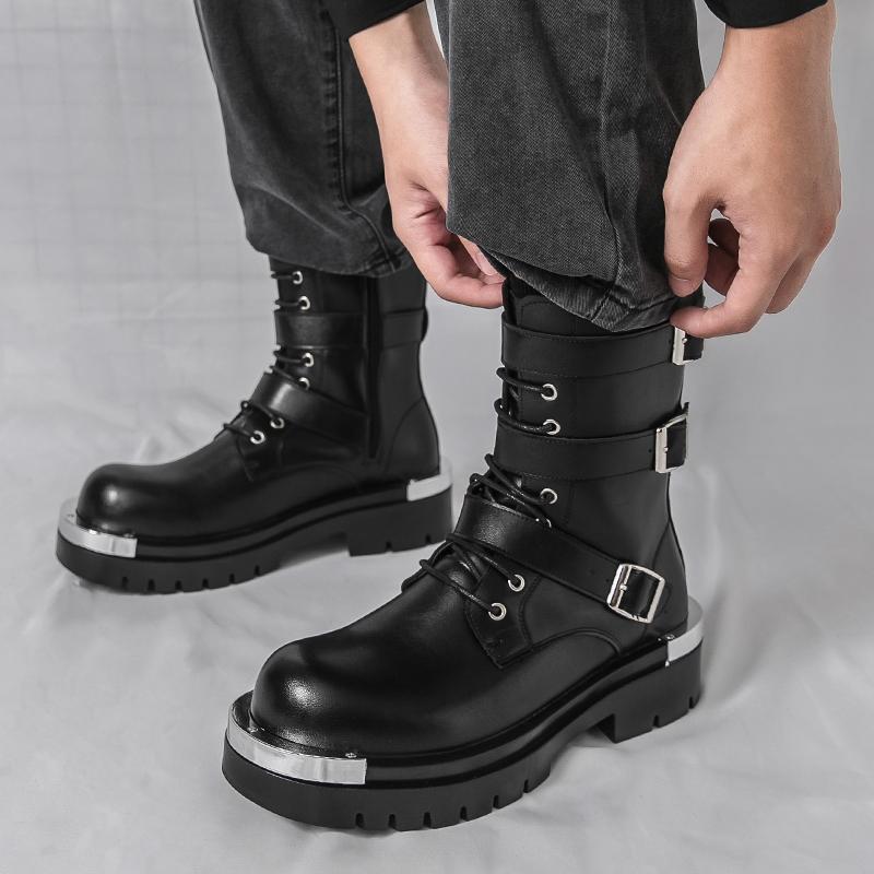 Designer New Men's Black Rock Punk Hip-hop Belt Buckle Ankle Boots Botas Britain Fashion Luxury Motorcycle Shoes Zapatos Hombre
