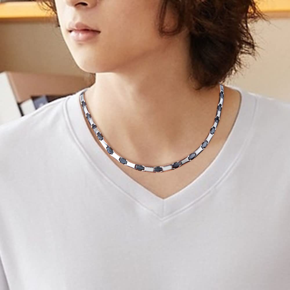 Hachi Pure Titanium Necklace with 6 Gems, 25 Gems of Germanium, and Hematite, Premium Ceramic, Men's Necklace, Anti-Static, 55.5cm (Black)