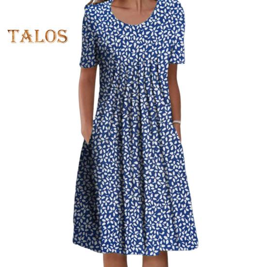 Women's Floral Print Tunic Shirt Dress Short Sleeve Crew Neck Pleated Midi Dress with Pockets Summer Boho Swing Sundress