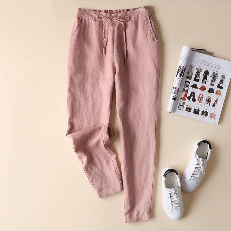 Women's Plus Size Solid Colour Nine-minute Trousers Spring Summer and Autumn Four Seasons Elastic Waist Tie Loose Casual Button Cotton Linen Leggings