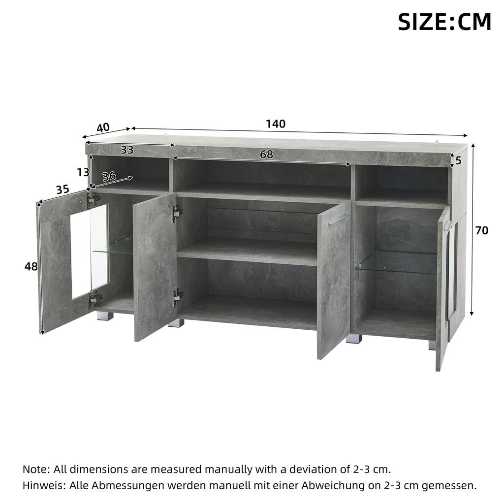Sideboard Hochglanz Kommode Anrichte Schrank 4 Türen & Offene Staufächer, Mehrzweckschrank Glastüren, Wohnzimmer, Esszimmer, Zementfarbener