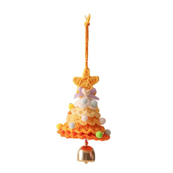 Knitted Christmas Tree Ornaments Mini Crochet Christmas Tree Hanging Pendant with Gold Jingle Bell for Holiday Home Party Decoration