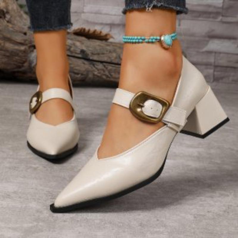 Осень зарубежные толстый каблук пряжка-одно слово Мэри Джейн маленькие кожаные туфли женские европейский и американский стиль острый V-образный вырез каблук одинарные туфли