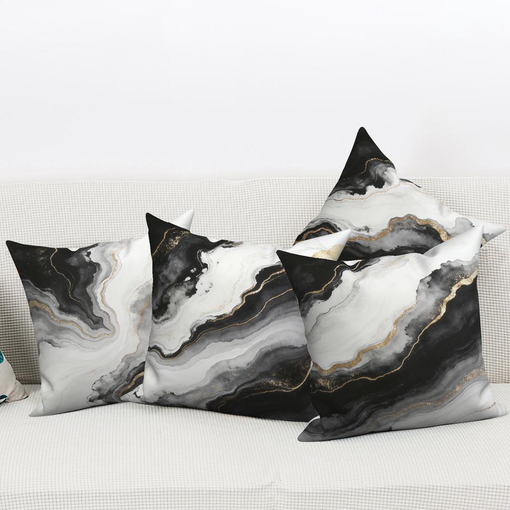 Luxury Marble Pillow Covers Set Of 4 Black White Gold Ink Pillowcases Polyester Linen Material For Bedroom Living Room Decor