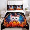 3pcs Halloween Cute White Cat Pumpkin Quilt Set - Soft and Comfortable Bedroom, Guest Room and Dorm Decor Bedding Set 1 Quilt Cover + 2 Pillowcas