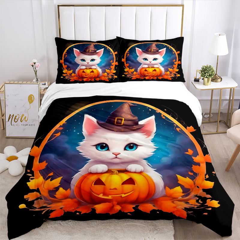 3pcs Halloween Cute White Cat Pumpkin Quilt Set - Soft and Comfortable Bedroom, Guest Room and Dorm Decor Bedding Set 1 Quilt Cover + 2 Pillowcas