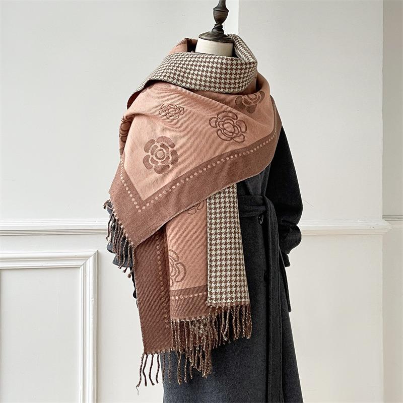 Scarf Women's Autumn and Winter New Core-spun Yarn Camellia Thousand Bird Grid Double-sided Warm Shawl Versatile Decorative Cashmere Scarf