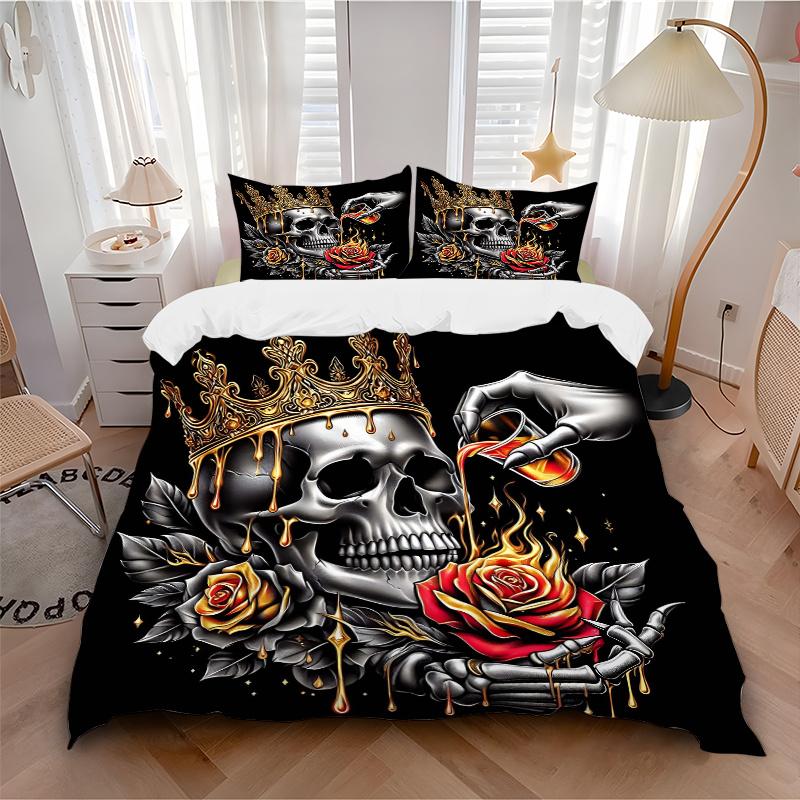 3pcs Golden Crowned Skull with Roses Quilt Cover Set - Soft and Cozy Bedroom, Guest Room and Dorm Decorative Bedding