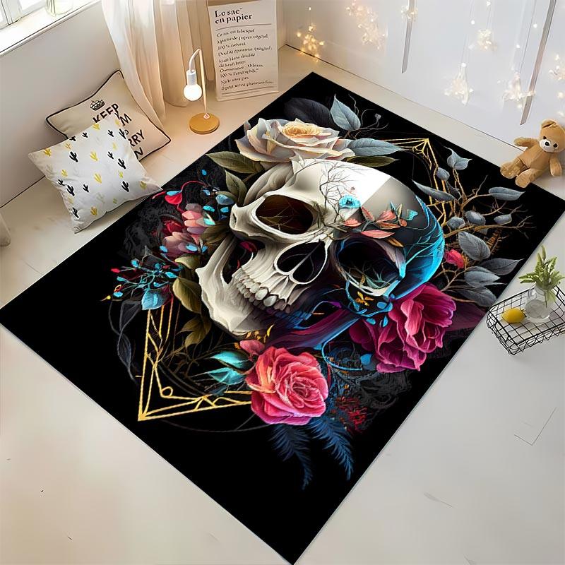 Skull and Floral Design Carpet with Roses and Abstract Elements Suitable for use as an anti-slip for living room bedroom sofas