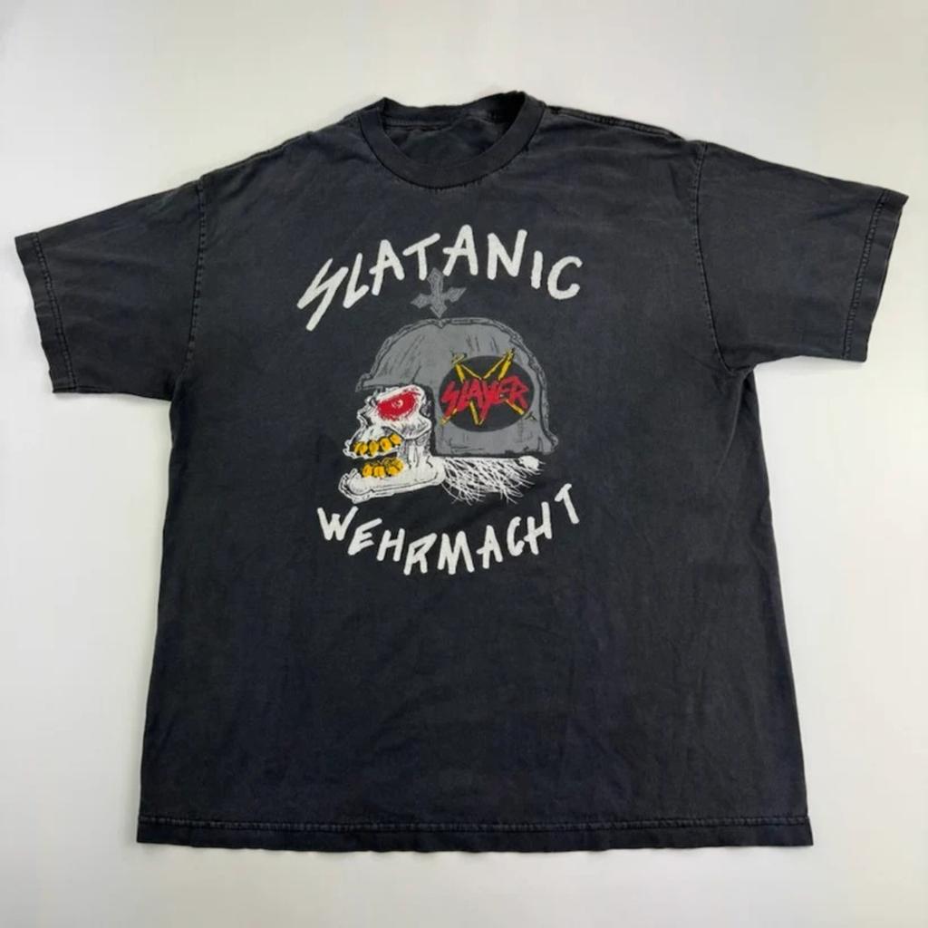 25 Летняя Винтажная Футболка Slayer 2000-х Slaytanic Wehrmacht Мужская Футболка с Коротким Рукавом Гоночная Футболка Мужская Оверсайз Тяжелый Хлопок Футболка