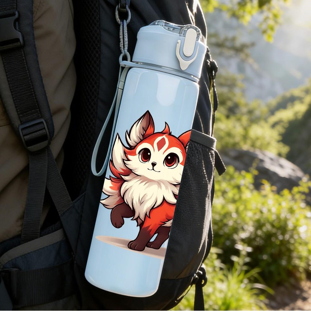 1PC Nine Tailed Fox Cartoon 750ml Color Plastic Sports Water Bottle Leakproof Flip Straw Lid Suitable for Sports Office Home Use