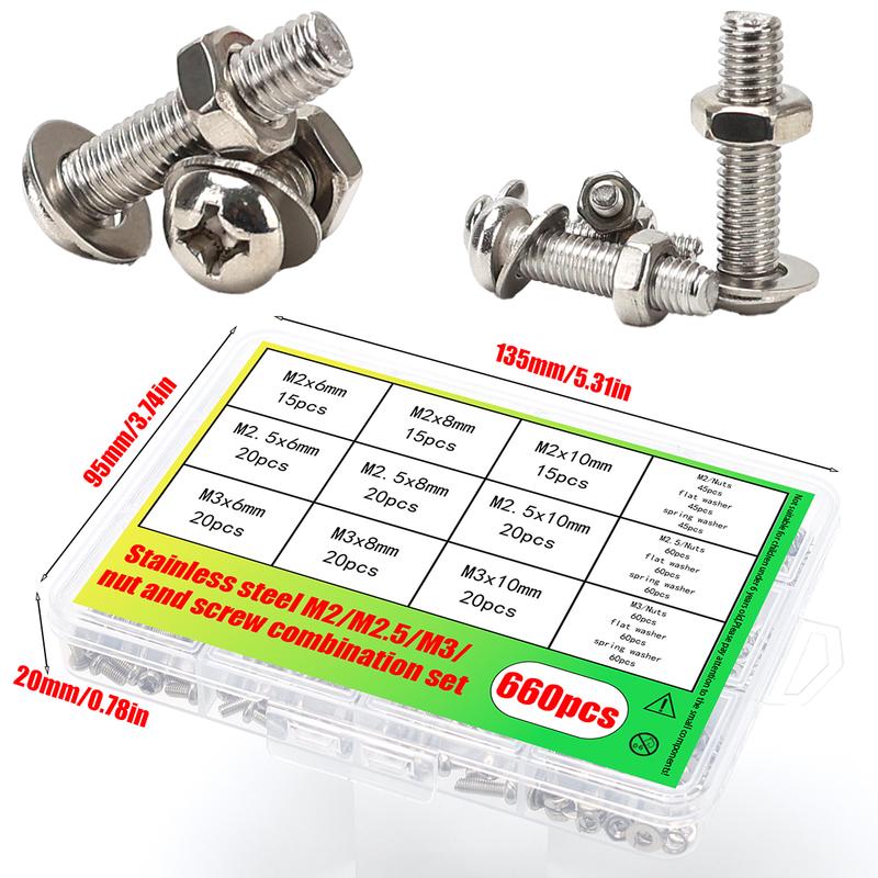 660pcs stainless steel Phillips head pan head screw, nut, and washer set; M2, M2.5, and M3 Phillips head bolt fastener set.