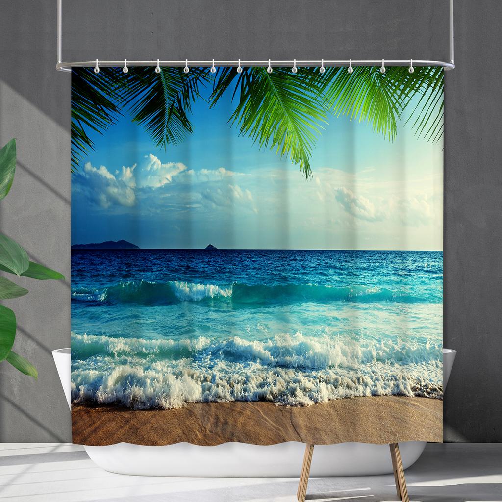 Shower Curtain Waterproof And Mildew-Proof Coconut Tree Beach Beach Bathroom Shower Curtain Shower Curtain Partition Curtain Free Punching