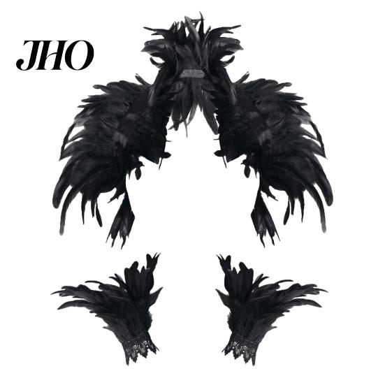 Feather Shawl 1 Set Fake Collar with Wrist Ring Gothic Style Imitation Adjustable Velvet Strap Hollow Out Lace Unisex Model Stage Show Performance