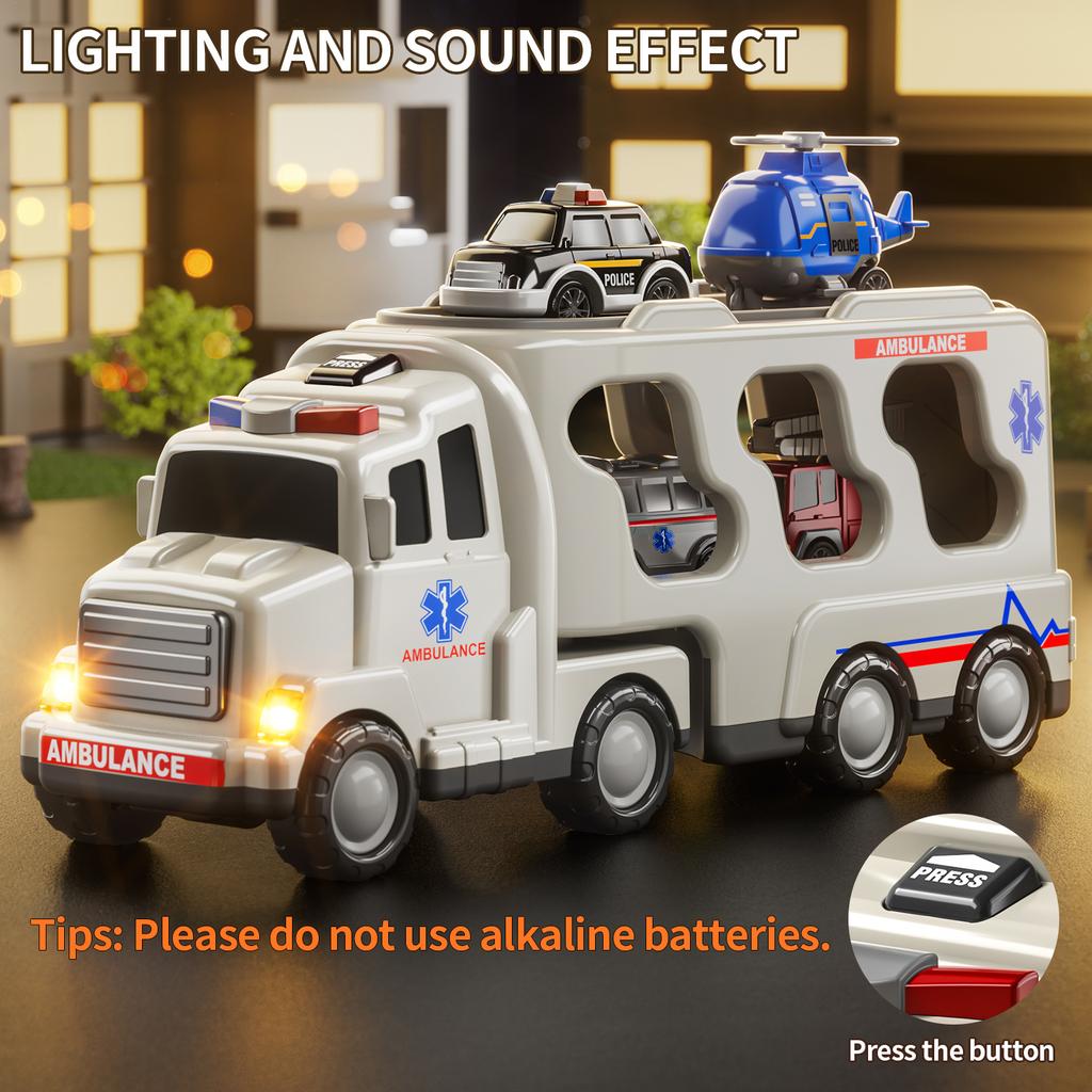Ambulance 5 In 1 Truck Toys For 3 4 5 6 Years Old Boys Toddlers Kids Carrier Fire Trucks Cars For Boy Toys Birthday Gift Trucks