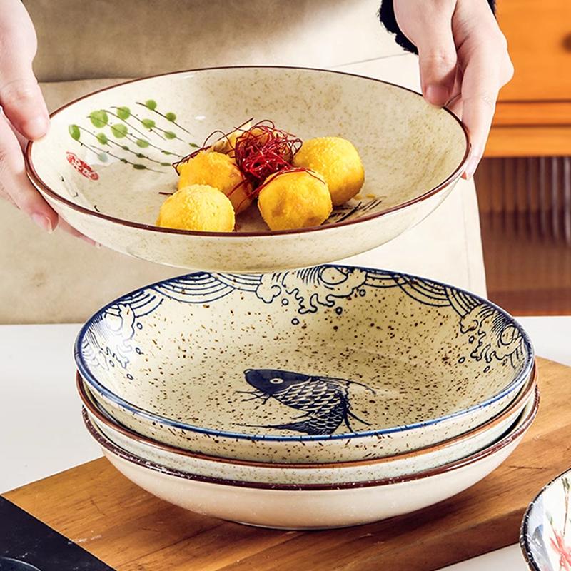 Современный стиль, расписанная вручную керамическая тарелка, креативные круглые тарелки для фруктового салата, домашняя тарелка для десерта к чаю в стиле ретро