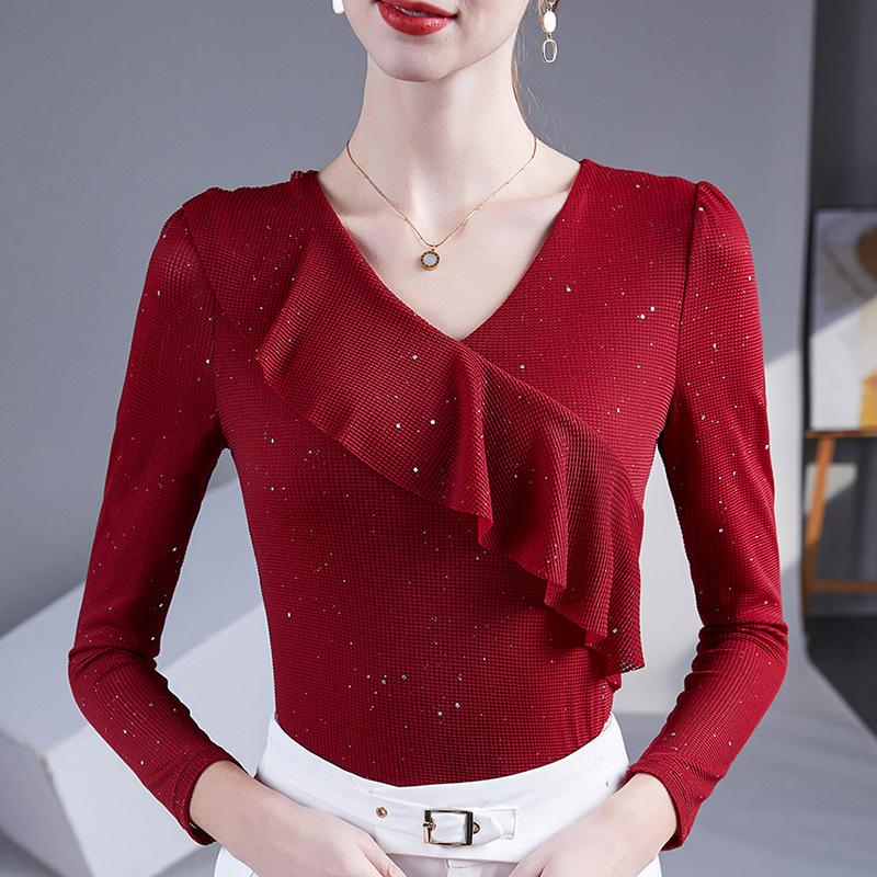 Футболка с короткими рукавами и V-образным вырезом, оборками, женская летняя, облегающая, однотонная, из высокоэластичной сетки, топы Blusas