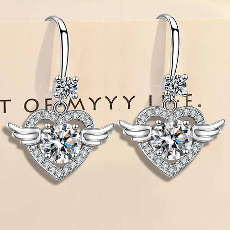 Корейская версия сережек Angel Wings средней и большой длины Серьги в форме крыльев в форме сердца Серьги из имитации серебра S925 пробы