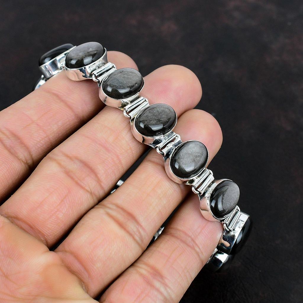 Серебряный браслет из обсидиана, браслет из стерлингового серебра 925 пробы, регулируемый браслет-цепочка, ювелирные изделия ручной работы, браслет из настоящего драгоценного камня, подарки для нее