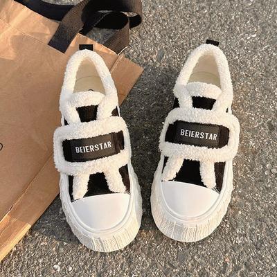 2025 новая осень и зима набивные утолщенные хлопковые туфли женские на липучке толстая базовая пластина туфли женские нишевые универсальные белые туфли женские