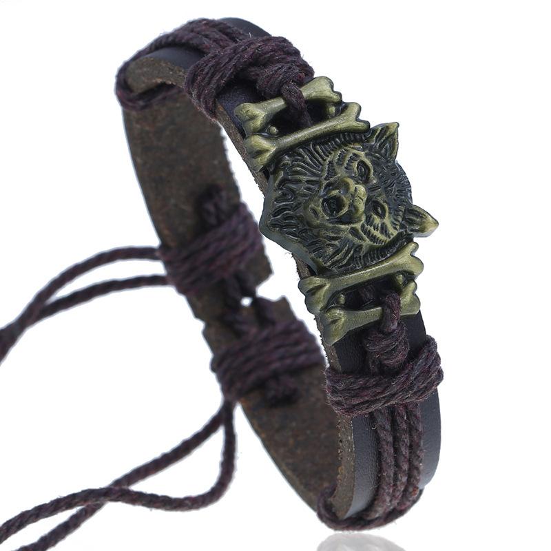 New Jewelry Vintage Woven Leather Bracelet Rope Ancient Copper Alloy Wolf Head Imitation Cowhide Bracelet Jewelry