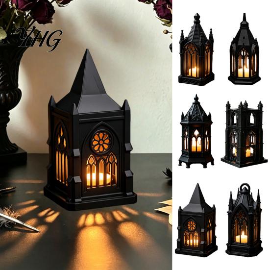 Artistic Home Decor Gothic Cathedral LED Candle Lantern, Church Shaped Flameless Tealight Lamp, Luminous Figurine for Spooky Vintage Desktop