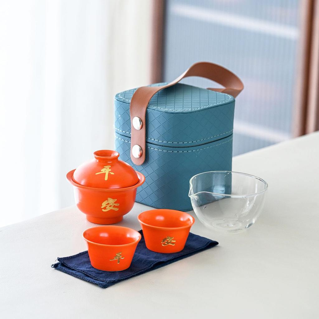 Good Luck Travel Tea Set Ceramic Household Outdoor Portable Cover Bowl Express Cup Peace And Joy One Pot Two Cups