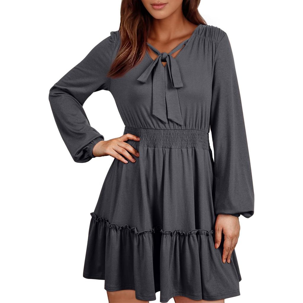 Женские модные свободные повседневные платья с V-образным вырезом и плиссированными оборками и длинным рукавом