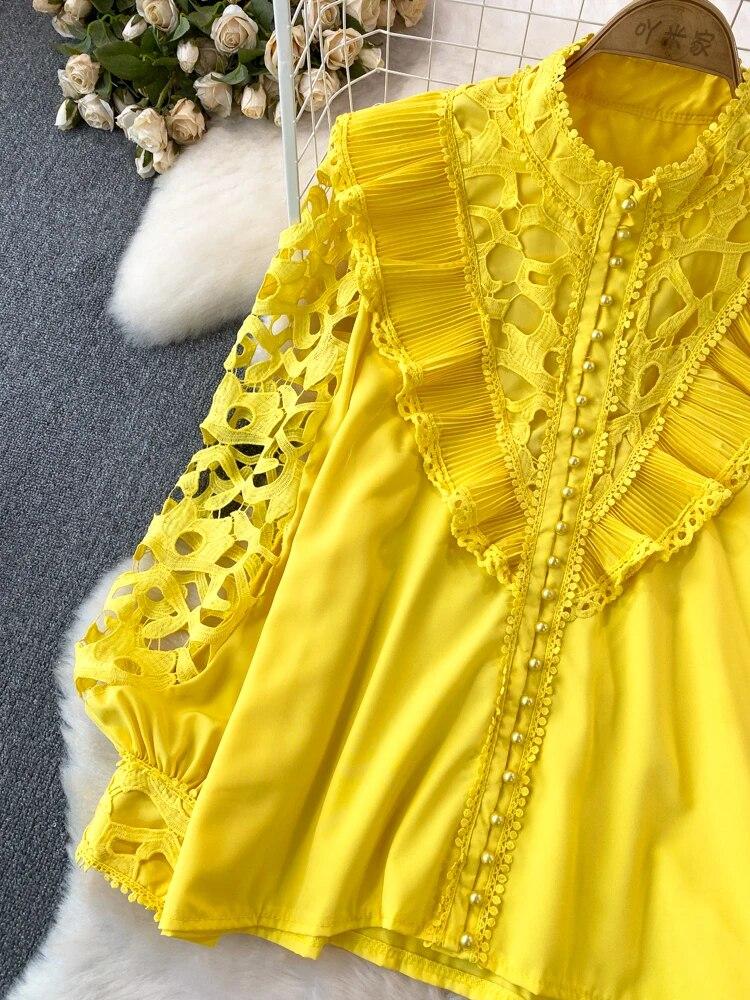 Винтажная блузка в стиле суда для женщин, с воланами, ажурные кружевные лоскутные рубашки с длинными рукавами-фонариками, женские блузки, Прямая поставка