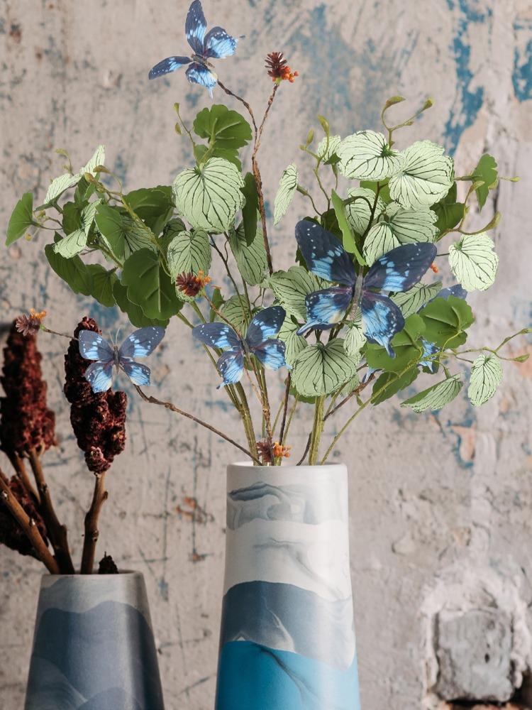 6Pcs Artificial Green Plants Faux Plants 70cm Real Touch Begonia Leaves Branches with Butterfly Fake Flowers Arrangements for Home Office Shop Decor