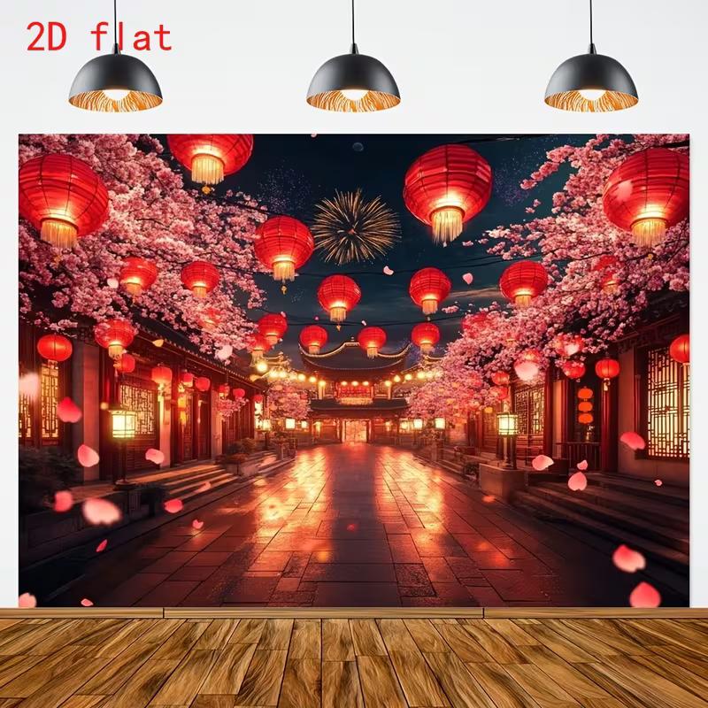 2D Lunar New Year Photography Backdrop with Traditional Architecture and Fireworks
