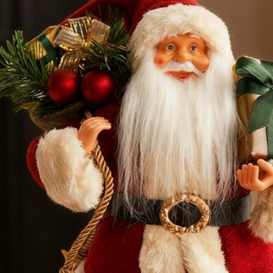 12" Christmas Santa Figurines Standing Santa Claus Doll with Present Box for Holiday Party Window Home Desktop Decoration