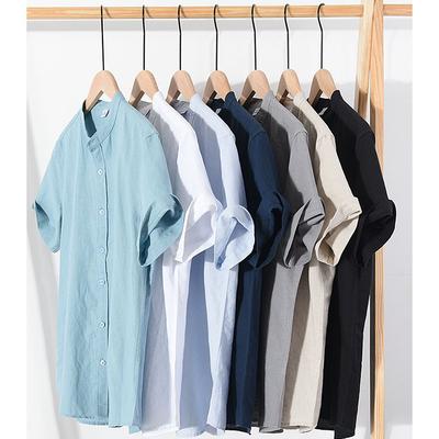 Мужские рубашки из хлопка и льна с короткими рукавами, летняя уличная одежда, однотонные, с воротником-стойкой, повседневные, пляжного стиля, большие размеры XS-3XL