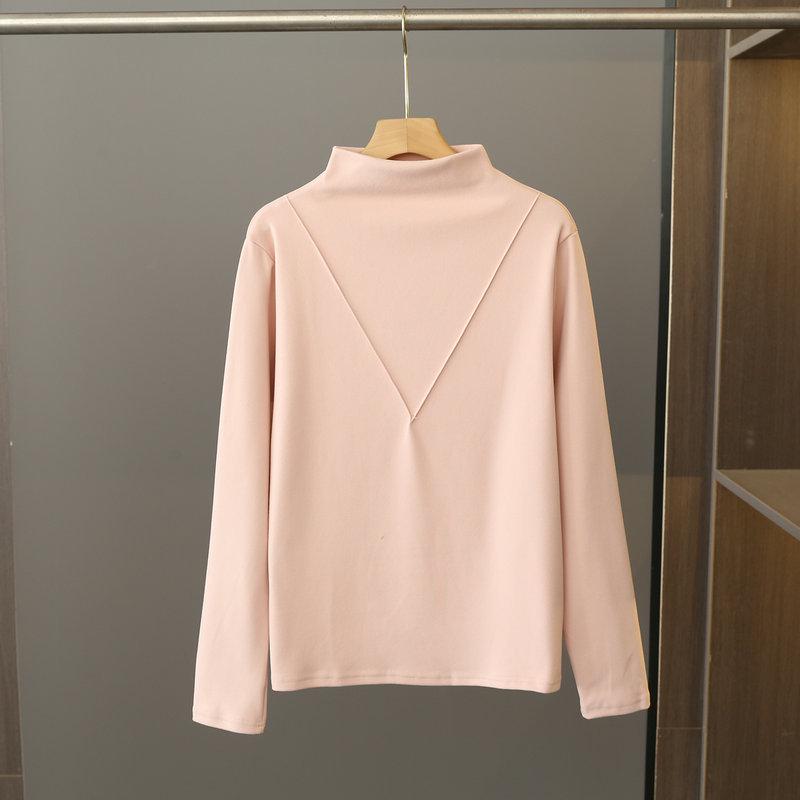 Women's Black Long-Sleeve Half-Turtleneck German Velvet Shirt - Stylish V-Cut Design for Autumn and Winter