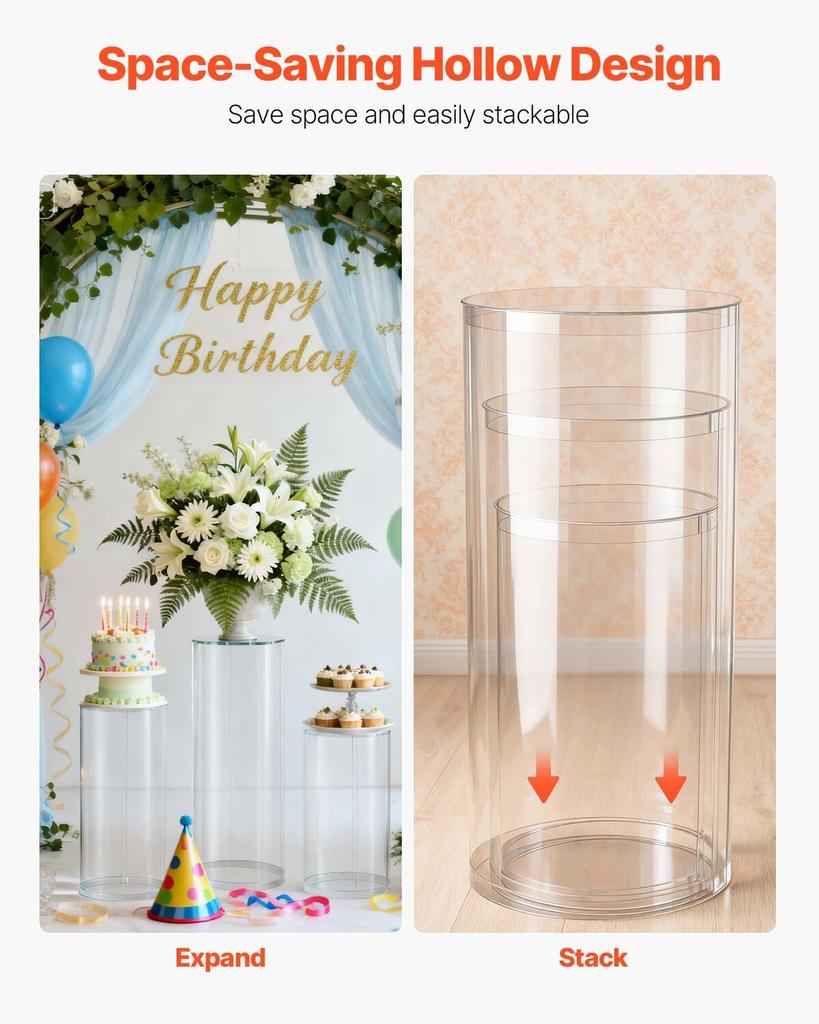 Wedding Flower Stand, 3PCS 60/75/90cm Round Cylinder Plinth, Clear Pedestal Stand with Transparent Acrylic Lid, Cylindrical Pedestal Stands for