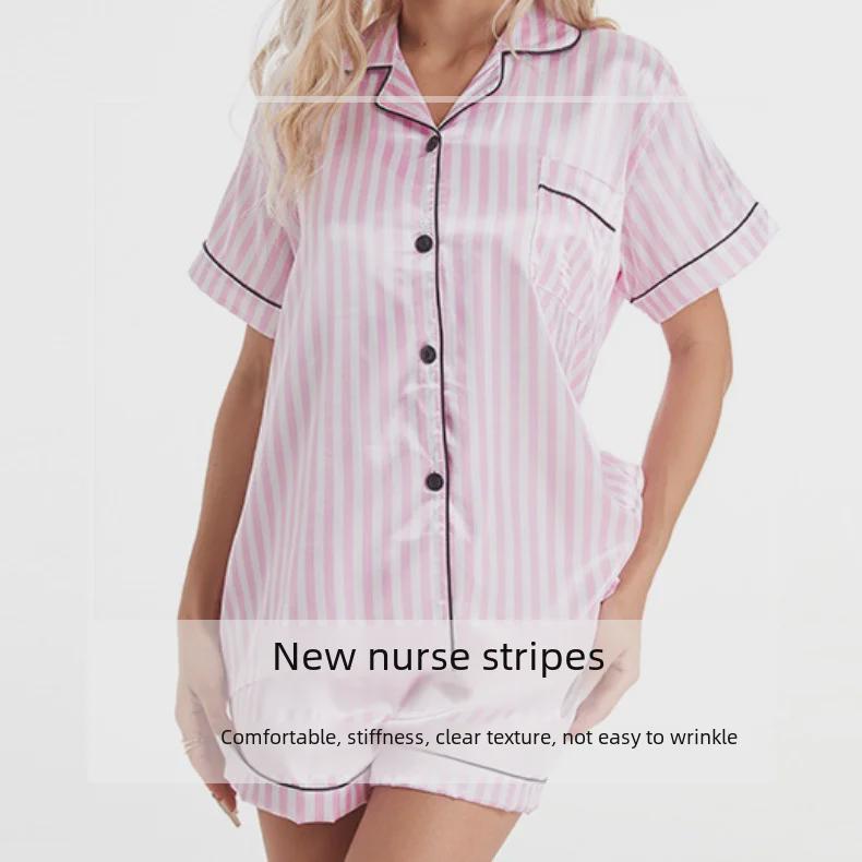 Женский пижамный комплект из розового шелка в полоску — кардиган с короткими рукавами и эластичные шорты