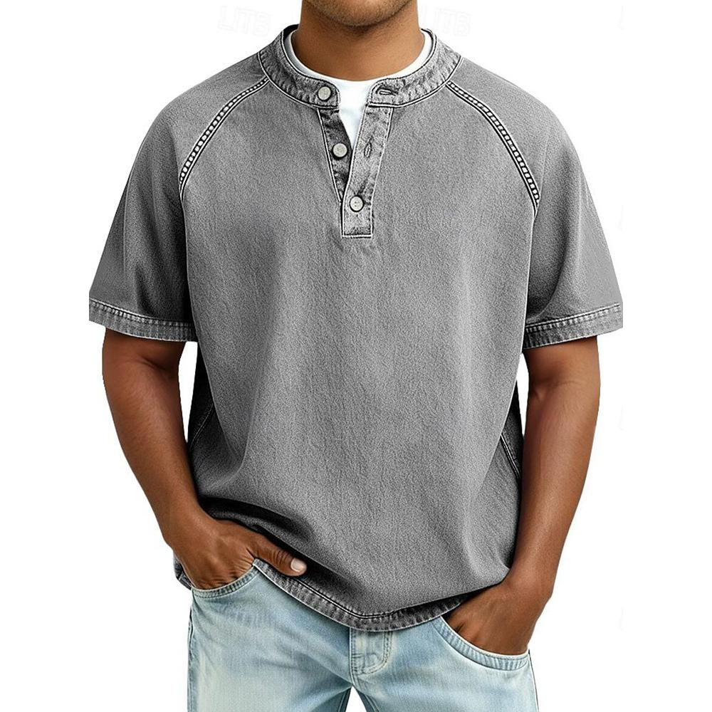 Men's Vintage Washed Henley T-Shirt Casual Solid Color Short Sleeve Tops Breathable Button Placket Tee for St… More