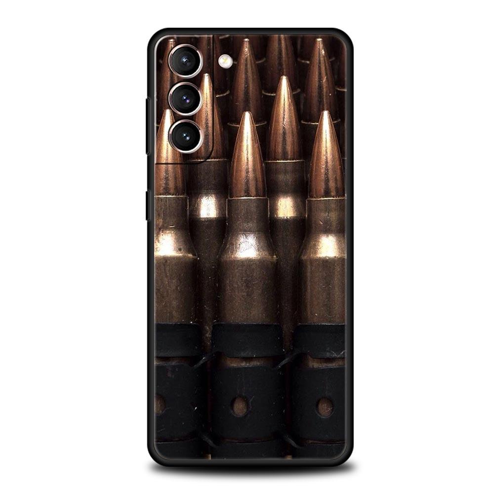 AK47 Handgun Gun BUllets Phone Case For Samsung Galaxy S23 Ultra S22 S21 S20 FE 5G S10 S10E S9 S8 Plus Note 20 Soft Black Cover